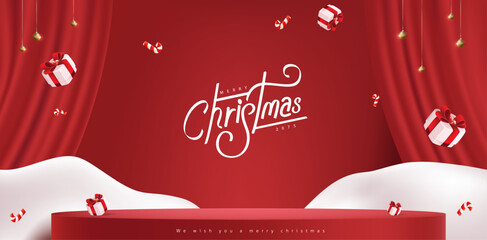 Wall Mural - Merry Christmas banner with stage product display cylindrical shape and festive decoration for christmas