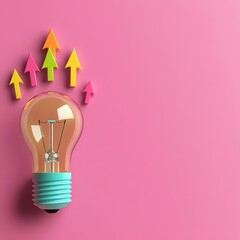 A light bulb with colorful upward arrows on a pink background symbolizes creative ideas driving business growth and success.