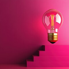 A glowing light bulb hovering above pink steps on a pink background represents the concept of creative innovation and progress in idea development.