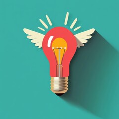 A red lightbulb with white wings against a teal background, symbolizing the concept of ideas taking flight and creative inspiration.