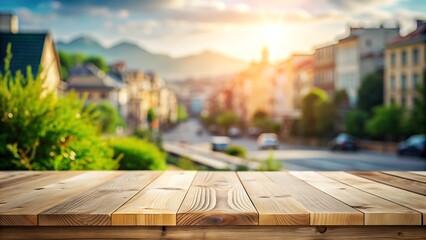 Empty wooden tabletop or counter with display product. Blur image of town and city background with sunlight.