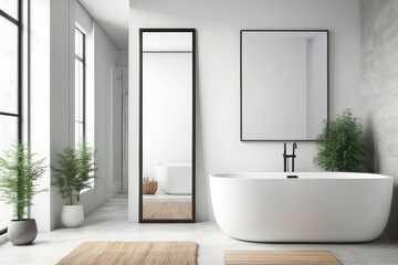 Wall Mural - Modern Bathroom with Freestanding Tub, Black Faucet, and Large Windows