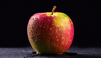 An apple and black isolated background, red apple with water drops