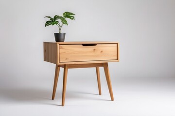 Wall Mural - Wooden Nightstand with Single Drawer and Plant