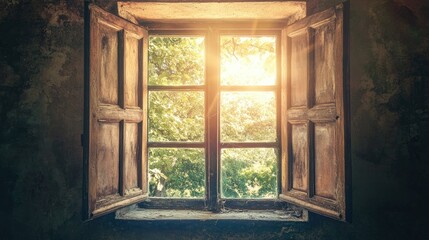 Overhead shot of an open window, soft light filtering through, generous copy space