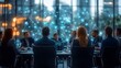© Warakorn - Focused business meeting at a roundtable, abstract network background blurred, highlighting cooperative efforts.
