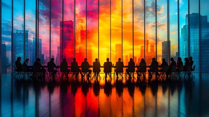 Corporate roundtable meeting with a network-inspired abstract background, blurred for focus on teamwork and collaboration.