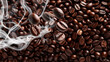 © UniklyImaginative - Coffee beans scattered around, coffee brown beans gushing, caffeine rush and smoke of hot coffee, wallpaper background illustration