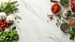 © SETSU NART - Top view of a kitchen counter with fresh herbs and spices, space for text