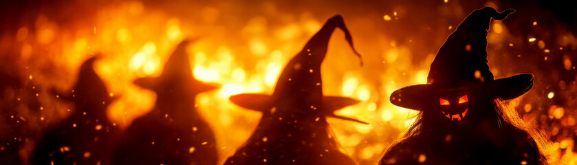 Silhouettes of witches with pointed hats against a fiery backdrop, evoking a sense of mystery and magic in the night.