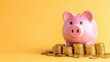 © 69 - Pink piggy bank filled with gold coins, isolated on a single-color background, indicating financial growth, with room for text.