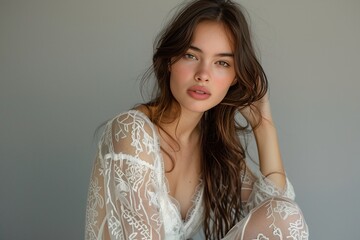 Portrait of a young woman in a white lace dress, looking at the camera with a soft, sensual expression.