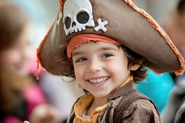 A child dressed as a pirate, showing off their costume at a school Halloween party, celebrating Halloween, youthful excitement