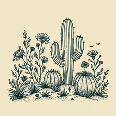 Seamless pattern with cactuses and pink flowers. Cute vector flat background