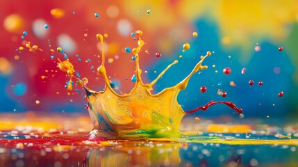 Poster - Vibrant splash of colorful paint droplets captured in mid-air against a blurred, multicolored background, showcasing creativity and chaos.