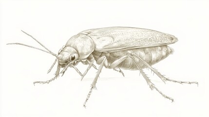 Wall Mural - A sepia-toned vintage drawing of a bedbug, displaying detailed anatomy and fine linework, isolated on a white background