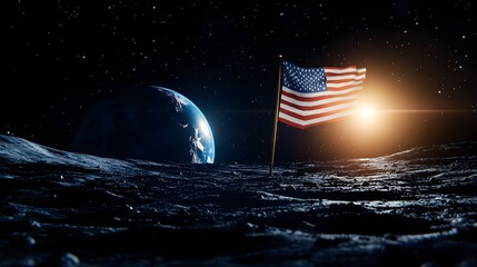 Patriotic American flag waving on the moon's surface, with Earth in the background, symbolizing achievement, Photo-realistic, Space theme, High detail