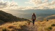 © senyumanmu - A Woman and Her Dog Hike Through Mountainous Landscape