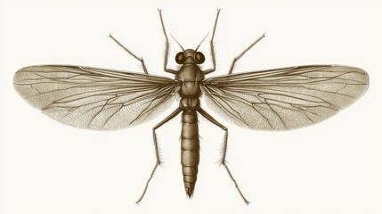 Wall Mural - A classic engraving of a sandfly, with detailed wings and elongated body, rendered in sepia tones, isolated on a white background