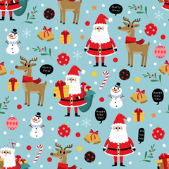 Wall Mural - Cute Santa Claus, snowman, deer, gift, candy and Christmas ornament seamless pattern and background. Cartoon holidays background. -Vector