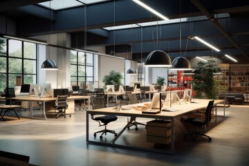 Wall Mural - Open Workspace Elegance Desks and Hanging Lamp with a Colab Twist