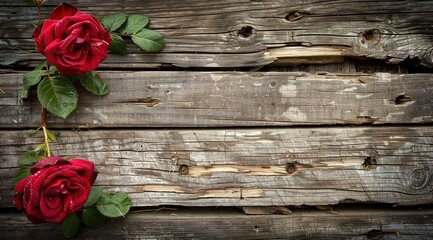 Sticker - red roses on wooden background