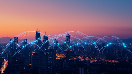 Sticker - Panoramic view of a high-tech city at night with towering skyscrapers glowing in blue and orange hues connected by a web of neon blue lines extending over the cityscape and surrounding areas.