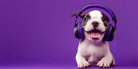 Wall Mural - Happy puppy in headphones on a purple background. AI generation