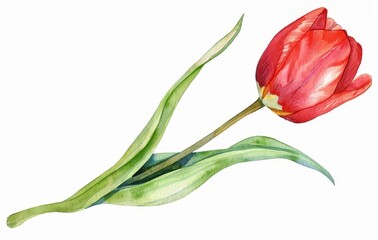 Watercolor illustration of a red tulip with green leaves on a wh