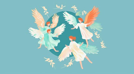  Whimsical illustration of four angels with red hair and pastel w