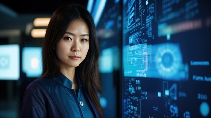 Wall Mural - professional woman posed against futuristic screens displaying blue graphics