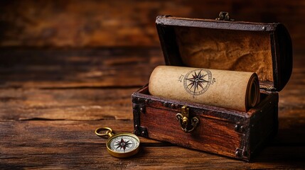 Wall Mural - Treasure chest filled with a scroll and compass on a wooden table, with empty space behind, ready for text or promotional content.