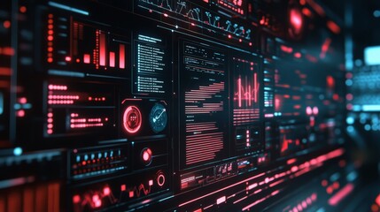 Futuristic digital dashboard interface with charts, graphs, and data visualization in red and black tones, representing modern technology.