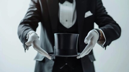 Magician showing magic trick with top hat on white background, closeup