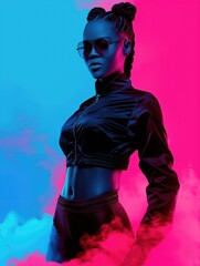 Wall Mural - Stylish Woman with Sunglasses in Neon Blue and Pink Light