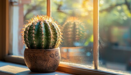 A charming mini cactus in a patterned pot on a windowsill, with warm sunlight enhancing the textures of the cactus and pot, and a blurred background of greenery outside