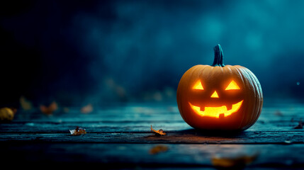 A spooky Halloween pumpkin glowing in the dark, perfect for autumn festivities and Halloween decorations.