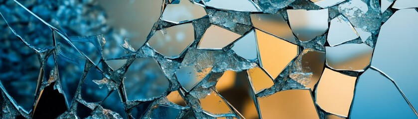 Wall Mural - Close-up of shattered glass pieces reflecting blue and golden light, creating a mosaic-like abstract pattern.