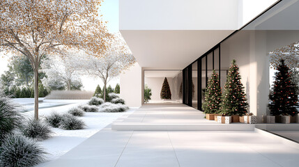 Wall Mural - Modern House with Snowy Landscape and Christmas Trees - Perfect for Holiday Greetings