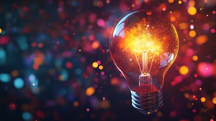 Wall Mural - Close-up of an illuminated light bulb with colorful bokeh background, symbolizing creativity, innovation, and inspiration.