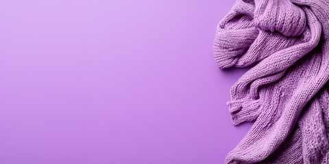 Wall Mural - Purple knitted throw blanket web banner. Knitted blanket isolated on purple background with copy space.