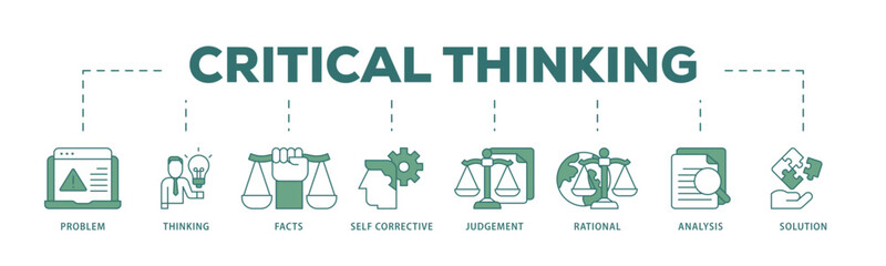 Critical thinking icon infographic illustration concept with icon of solution, analysis, self corrective, rational, judgement, facts, thinking, problem icon live stroke and easy to edit 