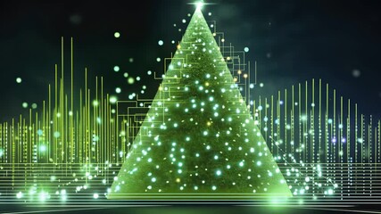 futuristic glowing green christmas tree , digital technology electronic programming neon code with green lines and dots, science and technology, Glowing rays with flickering particles , New year 