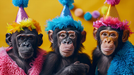 A bunch of apes wearing colorful, stylish clothing, isolated on a plain background for an advertisement. invite to a birthday celebration