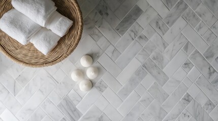 Poster - Top view of a basketweave tile pattern in white marble, creating an elegant and timeless design on a bathroom floor