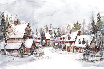 A line and wash illustration of a quaint Christmas village, combining detailed ink outlines with soft watercolor washes