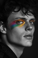 Wall Mural - A black-and-white portrait of a male model with rainbow-colored makeup highlighting the eyes.