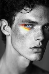 Sticker - A black-and-white portrait of a male model with rainbow-colored makeup highlighting the eyes.