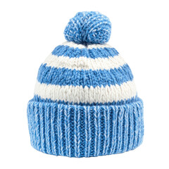 Blue and white striped winter hat isolated on transparent background