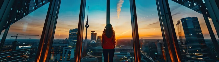 Wall Mural - Silhouette of a person enjoying a colorful sunset view from a skyscraper, capturing the beauty of urban life.